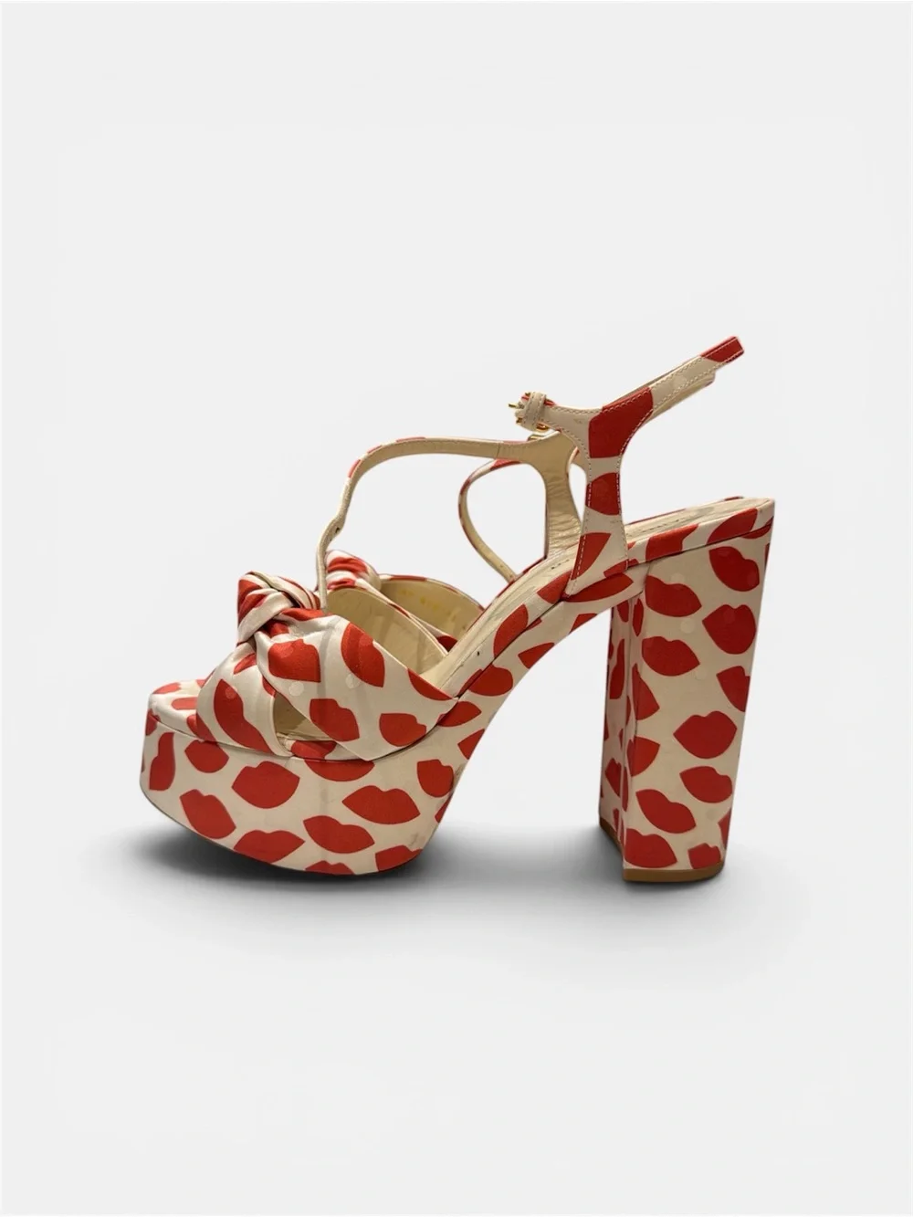 Saint Laurent Cream and Red Knotted Platform Lip print Silk Sandals